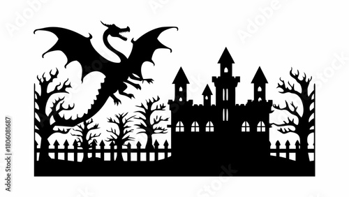 Majestic dragon soaring over haunted castle, a spooky silhouette scene perfect for Halloween crafts