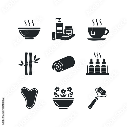 Collection of icons representing spa treatments, self-care, and wellness activities