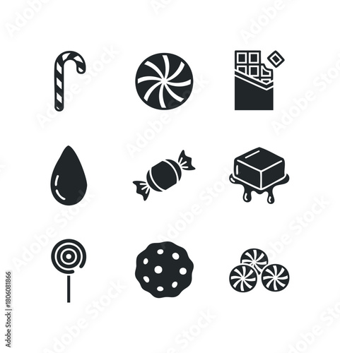 Collection of abstract sweet candy and chocolate icons representing different treats like lollipops and cookies