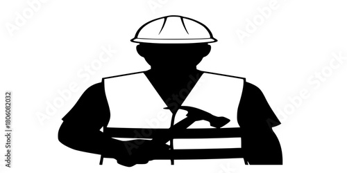 Construction Worker Silhouette Icon, Hard Hat, Safety Vest and Hammer, Tradesman Vector