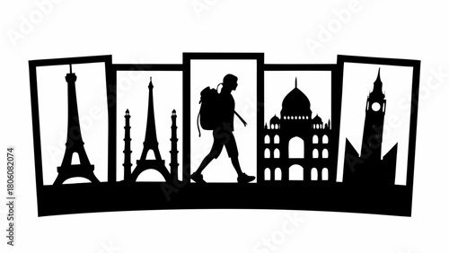 Global adventure awaits dreaming of exploring iconic landmarks of the world with travel silhouette