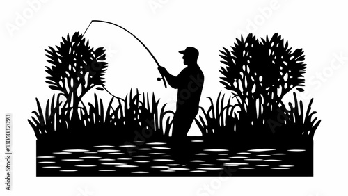 Silhouette of a lone fisherman casting his line in a tranquil lake surrounded by nature's beauty