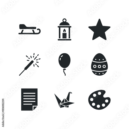 Collection of Black Icons representing varied objects and activities like winter fun, celebration, writing, and art.