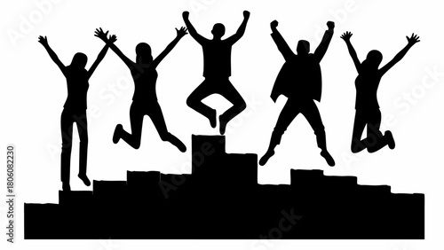 Celebrating success, diverse group jumps for joy on podium, reaching goals and feeling accomplished