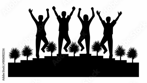 Celebrate team achievement with figures raising arms in success, reaching new heights, winning team goal