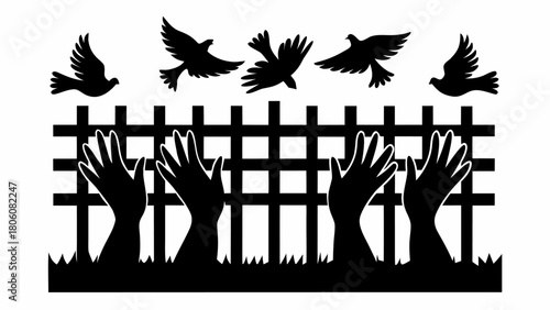 Hopeful hands reaching for freedom with birds flying above, celebrating liberty and emancipation