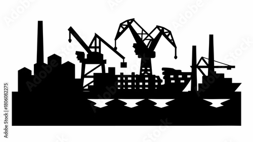 Striking silhouette of a busy industrial harbor with cranes loading cargo on a ship for global trade
