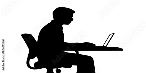 Man Working on Laptop Silhouette, Sitting at Desk, Remote Work, Office Job Vector