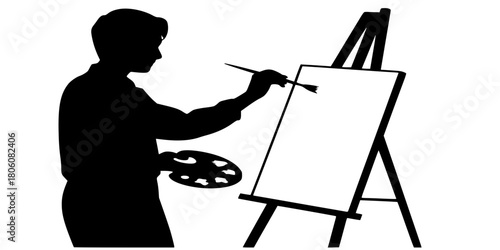 Artist Painting on Easel Silhouette, Painter with Palette and Brush Vector Illustration