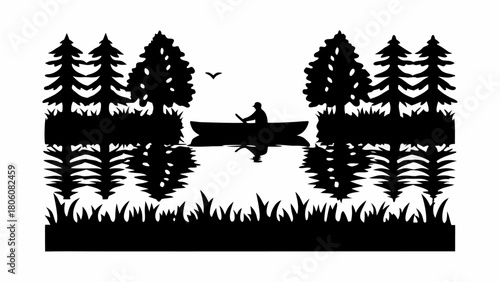 Peaceful silhouette of person rowing boat reflecting on lake among trees for nature escape