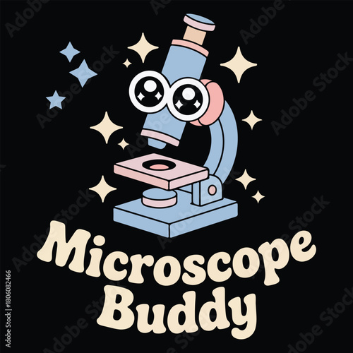 Adorable microscope buddy illustration with kawaii eyes and sparkling stars on a black background, perfect for science enthusiasts