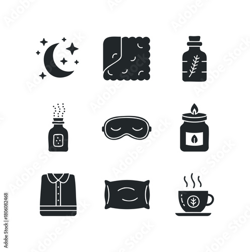Restful night set of icons including moon, stars, pillow, eye mask, pajama, and soothing beverage
