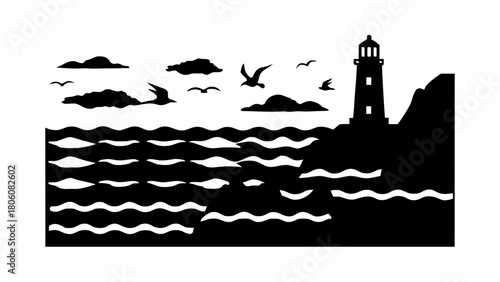 Seascape silhouette featuring a majestic lighthouse, birds in flight, and gentle waves, evoking coastal charm