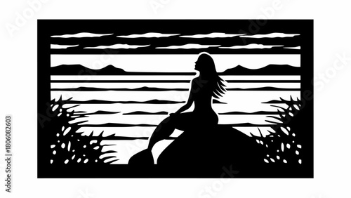 Enchanting mermaid silhouette art, a mystical ocean scene perfect for nautical themes and fantasy designs