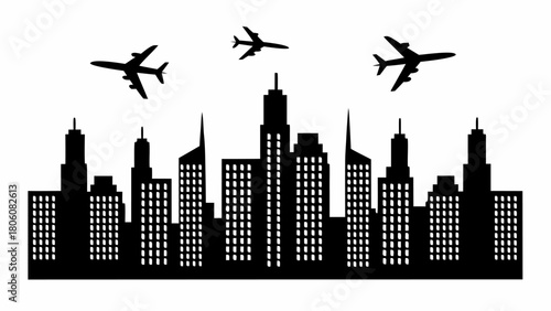 Modern city skyline with airplanes flying overhead, perfect for travel and business concepts