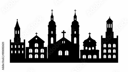 Striking black silhouette of a historic city skyline with churches and cathedrals
