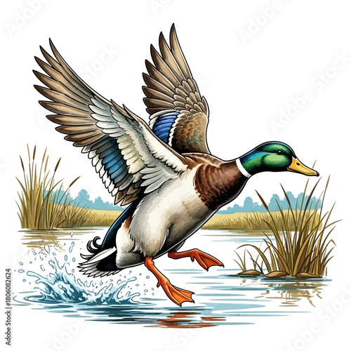 Mallard duck hunting taking off from a calm pond or lake with tall cattails and water splash