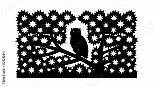 Elegant owl silhouette perched on star-filled tree branch in mysterious forest, dreamy nocturnal scene