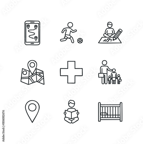 Collection of nine diverse line art icons representing travel, sports, creativity, healthcare, family, location, education, and childcare