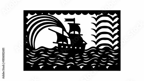 Classic silhouette of a majestic ship sailing on the ocean under the sun, symbolizing adventure and exploration