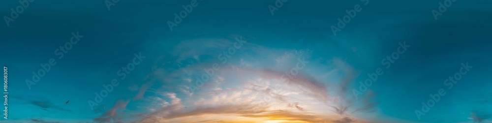 Fototapeta premium Seamless 360 HDR spherical panorama of sunset sky with vibrant pink Cirrus clouds. Full zenith or sky dome in 3D, sky replacement for aerial drone panoramas. Climate and weather change.