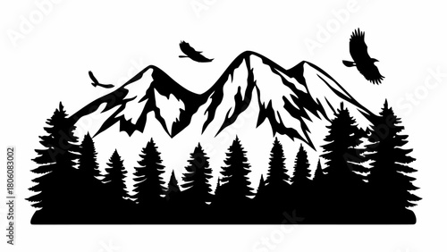 Majestic mountains with soaring eagles and evergreen forest silhouette, perfect for outdoor adventure designs