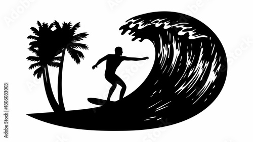 Silhouette surfer riding a majestic wave near palm trees for summer adventures and tropical lifestyle designs