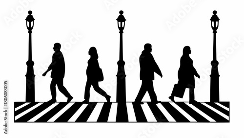 Silhouetted pedestrians cross busy city street with iconic streetlamps, symbolizing urban life and travel