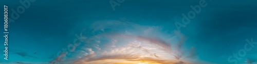 Seamless 360 HDR spherical panorama of sunset sky with vibrant pink Cirrus clouds. Full zenith or sky dome in 3D, sky replacement for aerial drone panoramas. Climate and weather change.