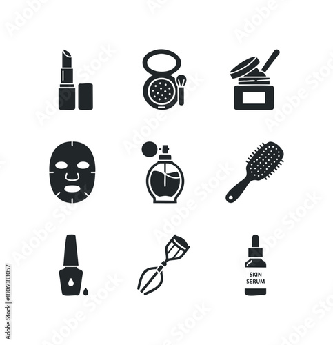 Collection of simplified black icons representing beauty and personal care items including lipstick, compact, powder, face mask, perfume, hairbrush, nail polish, eyelash curler, and serum bottle.