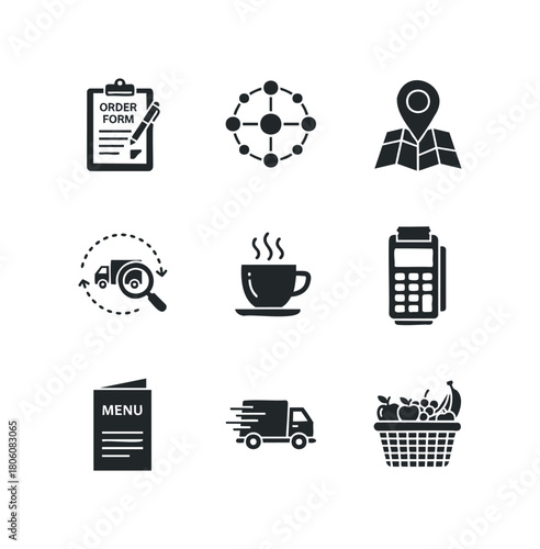 Collection of nine stylized black icons representing business, logistics, and food service elements on a white background