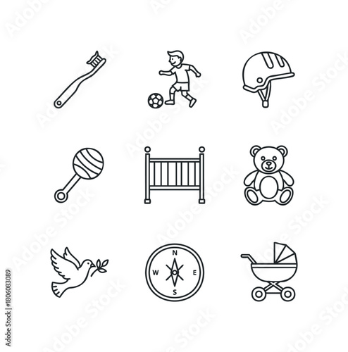 Collection of simple line icons representing baby care, travel, and safety items including toothbrush, soccer player, helmet, rattle, crib, teddy bear, dove, compass, and stroller