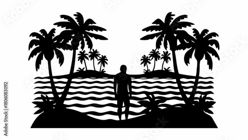 Relaxing beach getaway silhouette with palm trees and a person looking out at tropical scenery