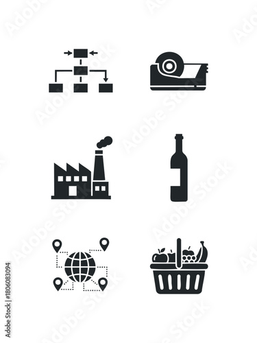 Set of six flat design icons representing business operations factory production and global logistics with shopping concepts