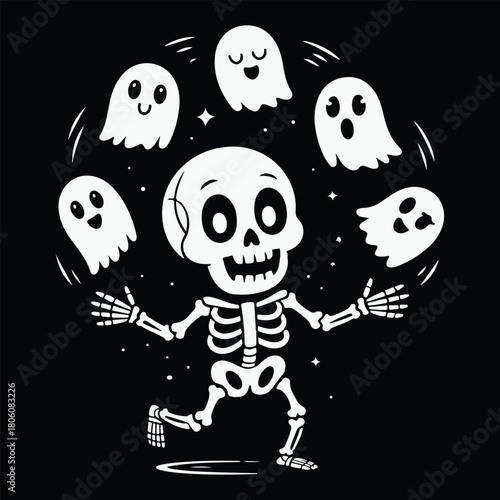 A whimsical skeleton juggling friendly ghosts on a black background, perfect for halloweenthemed designs and spooky fun