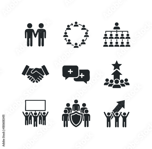 Group of stylized figures in various business and communication related pictograms against a white background
