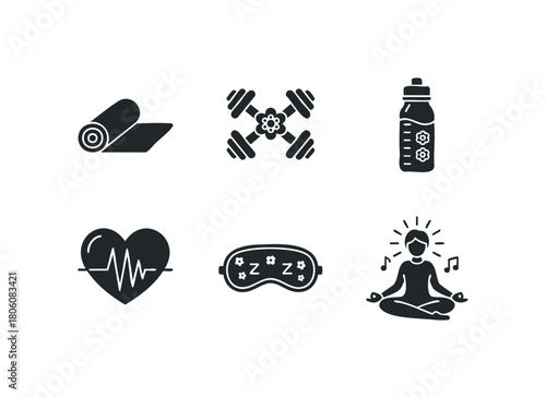 Collection of six black icons representing health and wellness activities like yoga, weightlifting, and meditation