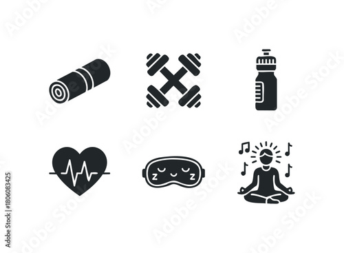 Fitness and wellness icons representing exercise, hydration, heart health, sleep, and meditation for healthy lifestyle themes