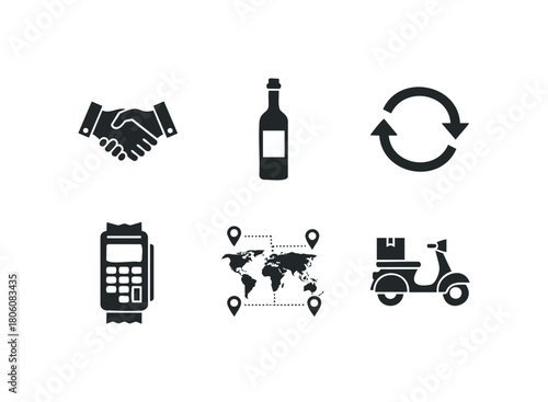 Collection of six black graphic icons depicting a handshake, a bottle, a refresh symbol, a payment terminal, a world map with pins, and a scooter