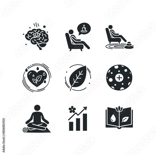 Set of Silhouette Icons Representing Wellness, Health, Mindfulness, and Growth Concepts with Brain, Yoga, and Nature Elements