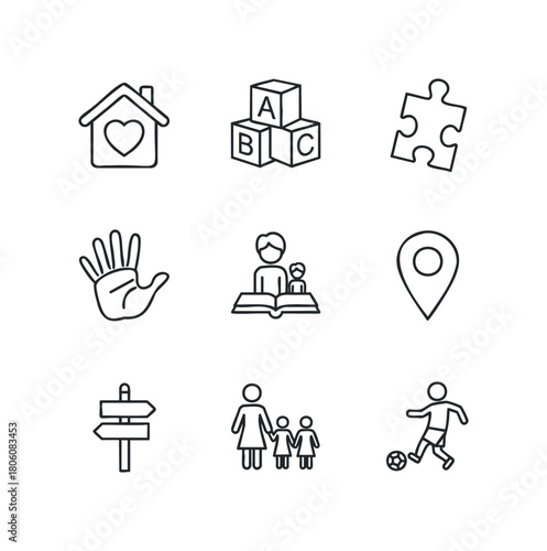 Collection of outline icons representing family, education, location, and sports activities for children and adults