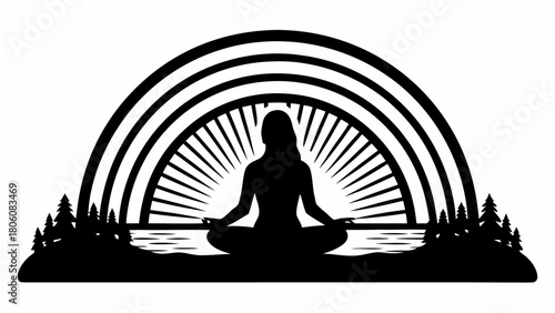 Peaceful yoga silhouette meditating by the lake under radiant sun rays, a symbol of tranquility and wellness