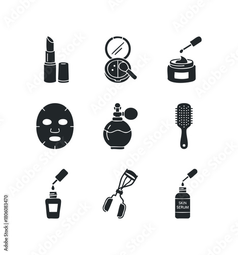 Collection of cosmetic and beauty icons for personal grooming and makeup application including lipstick, powder, serum, and face mask