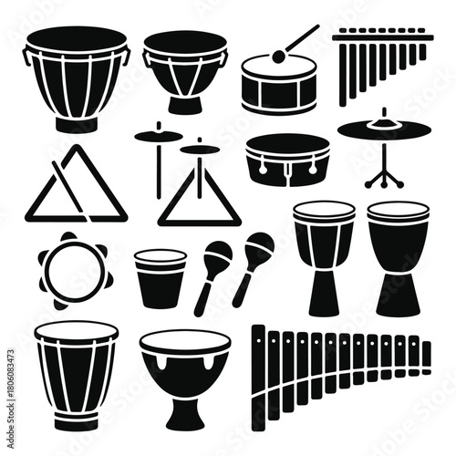 Collection of percussion instrument silhouette isolated on white background for musical instrument store and music school related design