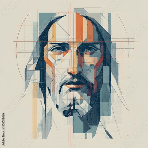 Abstract Geometric Portrait of Jesus with Blue Orange and Grey Tones