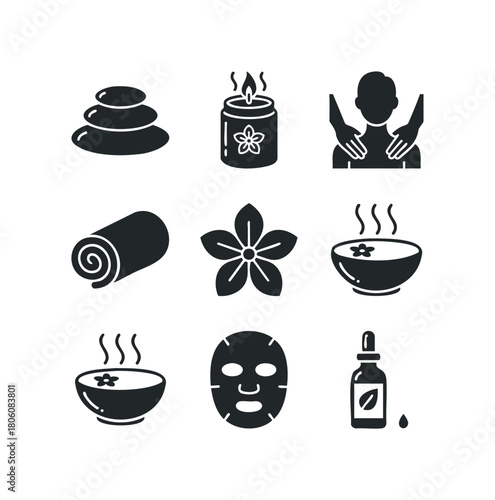 Wellness icons representing spa, massage, and self-care treatments with stone, candle, towel, and essential oil symbols
