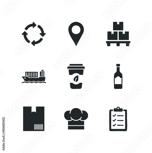 Collection of nine vector icons representing logistics, food service, and location pins