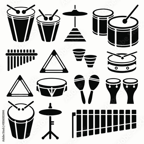 Collection of percussion instruments isolated on white background, featuring drums, xylophone, maracas, triangle, and cymbals