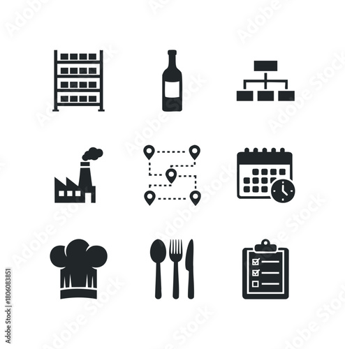 Collection of nine distinct icons representing logistics, hospitality, and business operations for conceptual use