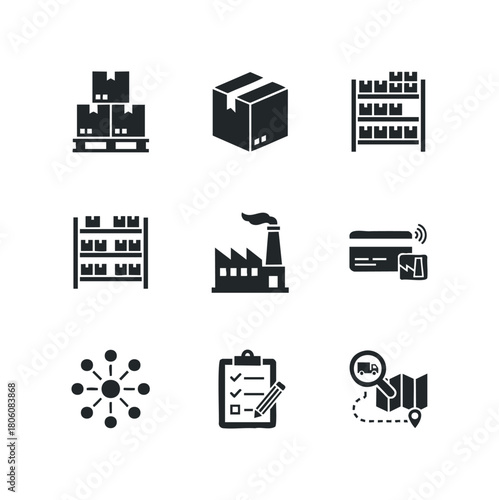 Set of icons representing logistics, supply chain, warehouse management, and delivery services with various cargo, factory, and tracking elements.